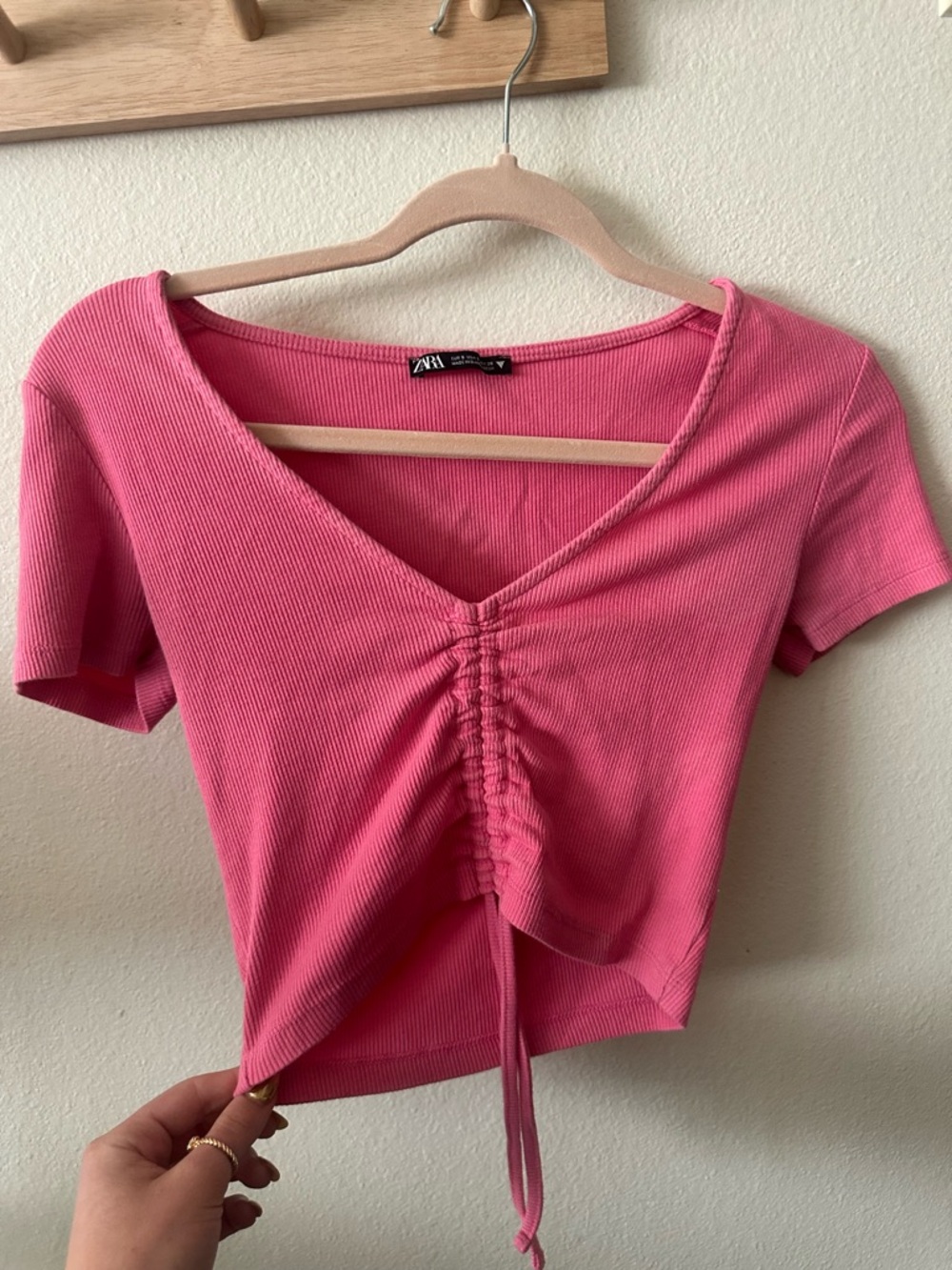 Zara Pink Ruched V-Neck Short Sleeve Top